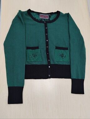 Voodoo Vixen Vintage-Inspired Green and Black Button Cardigan Sweater Size L